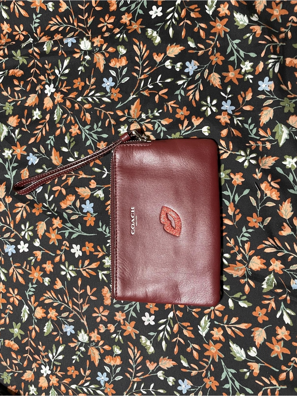 Coach Burgundy Leather Wristlet with Lip Applique